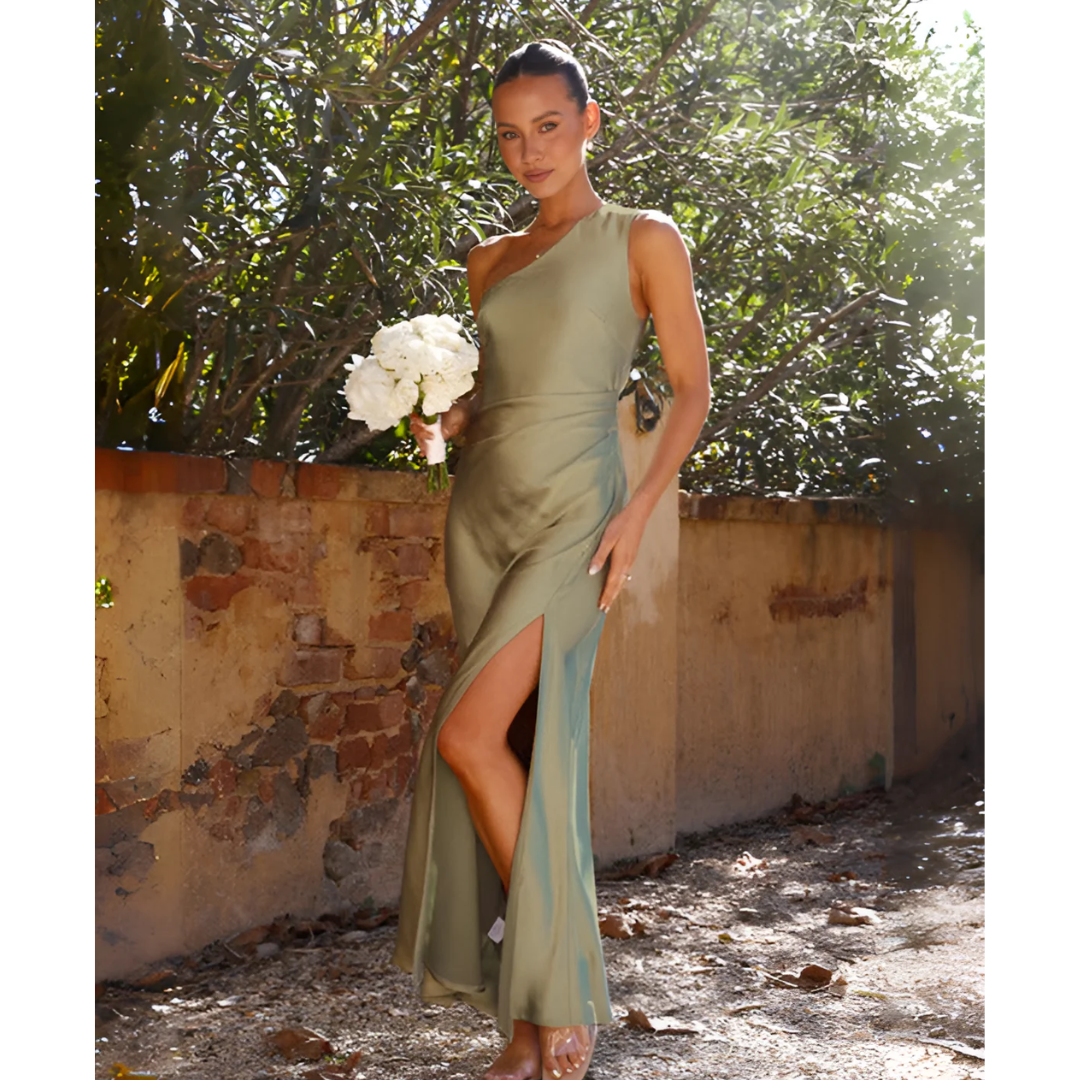 Abito Lungo Asimmetrico Donna Verde | Vestito Elegante Spalla Scoperta | Maddalena