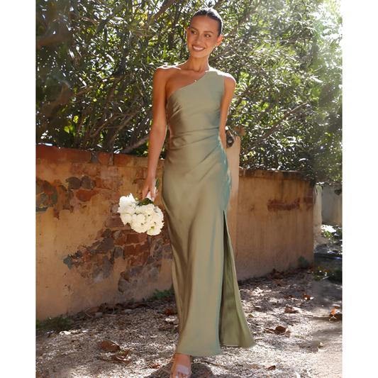 Abito Lungo Asimmetrico Donna Verde | Vestito Elegante Spalla Scoperta | Maddalena