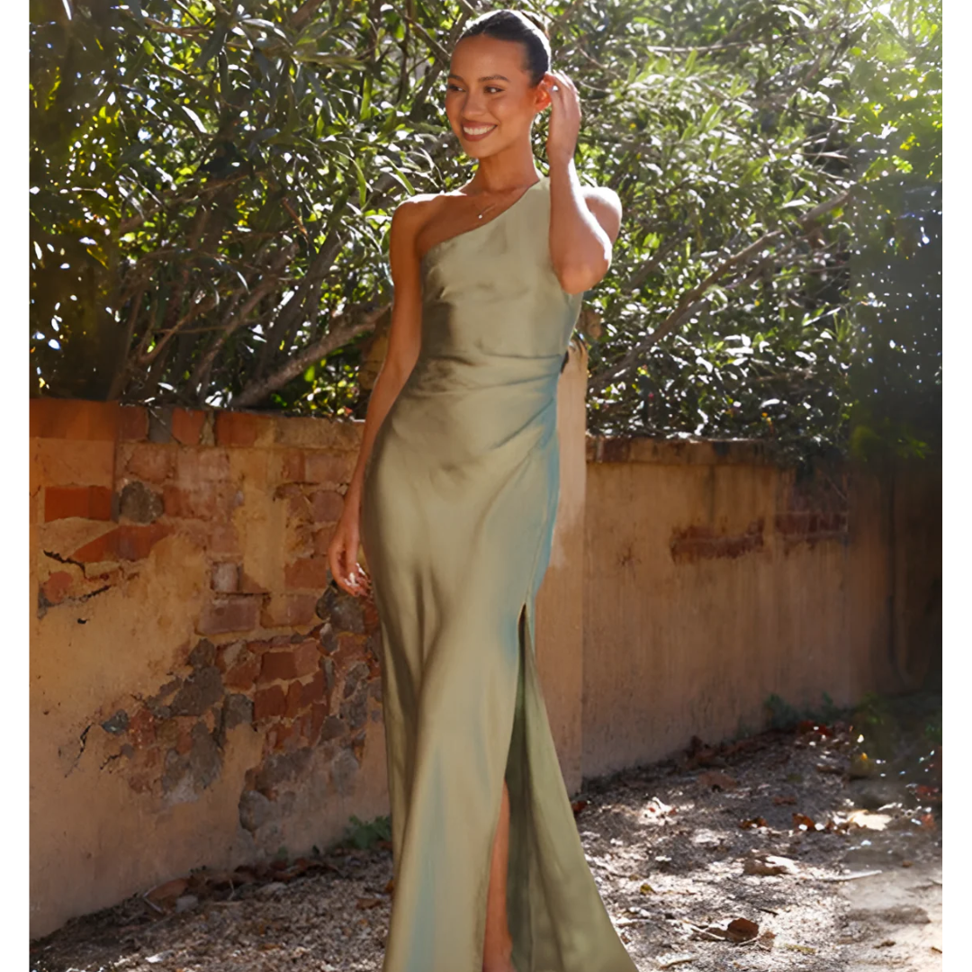 Abito Lungo Asimmetrico Donna Verde | Vestito Elegante Spalla Scoperta | Maddalena